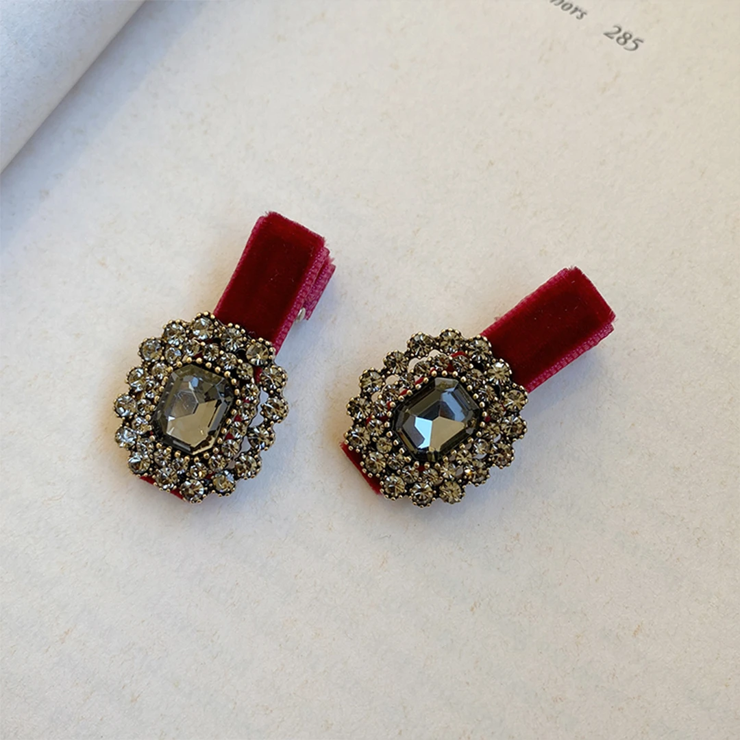 ale发饰头饰 2件酒红色丝绒复古水钻边夹法式百搭优雅发夹4170640