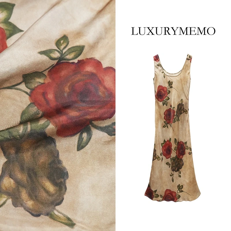 LUXURYMEMO【玫瑰的故事】夏季玫瑰复古印花无袖醋酸连衣裙