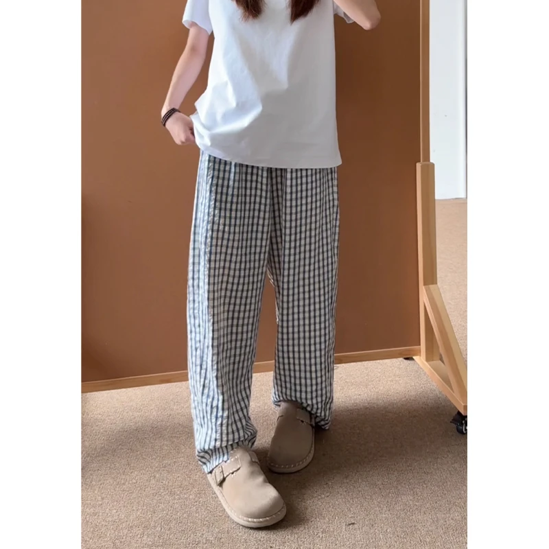 colyon美式潮流蓝色格纹夏季薄款格子休闲裤阔腿裤洋气高街穿搭