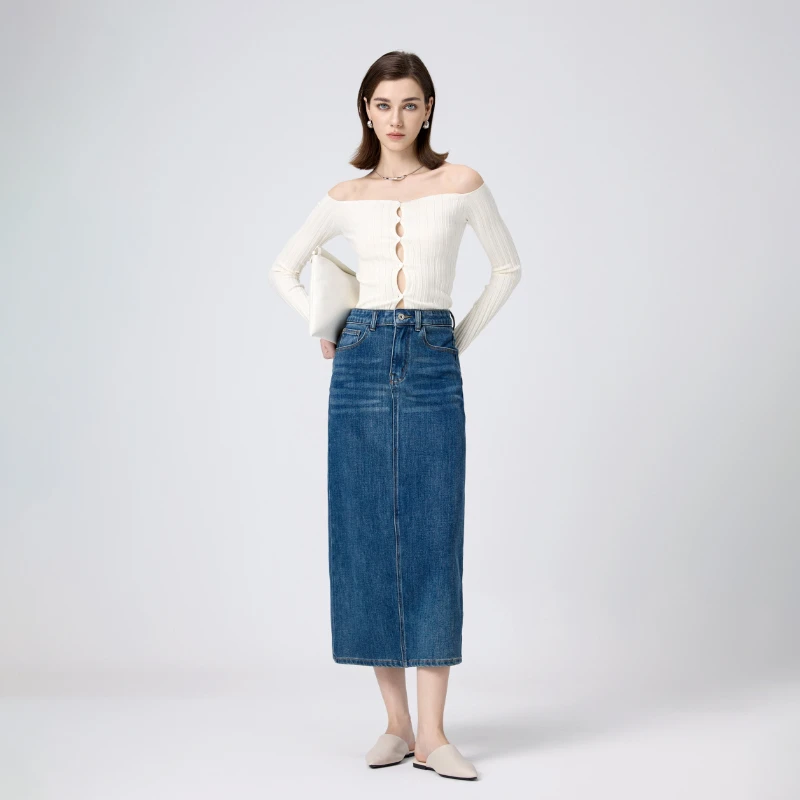 高腰开叉牛仔长裙女2025春季新款四面弹显瘦a字半身裙秋冬包臀裙