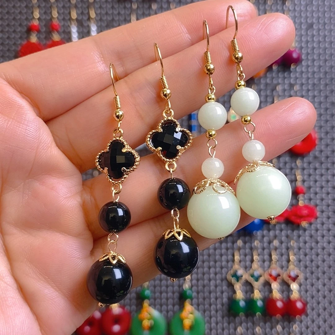 沉***香石英质玉合金耳钉