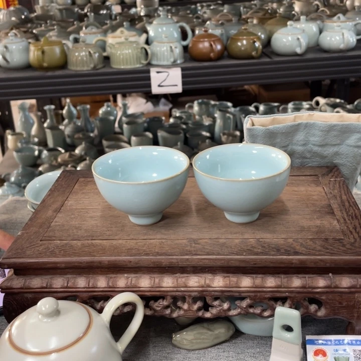 摆件天青釉鸡心杯 一对