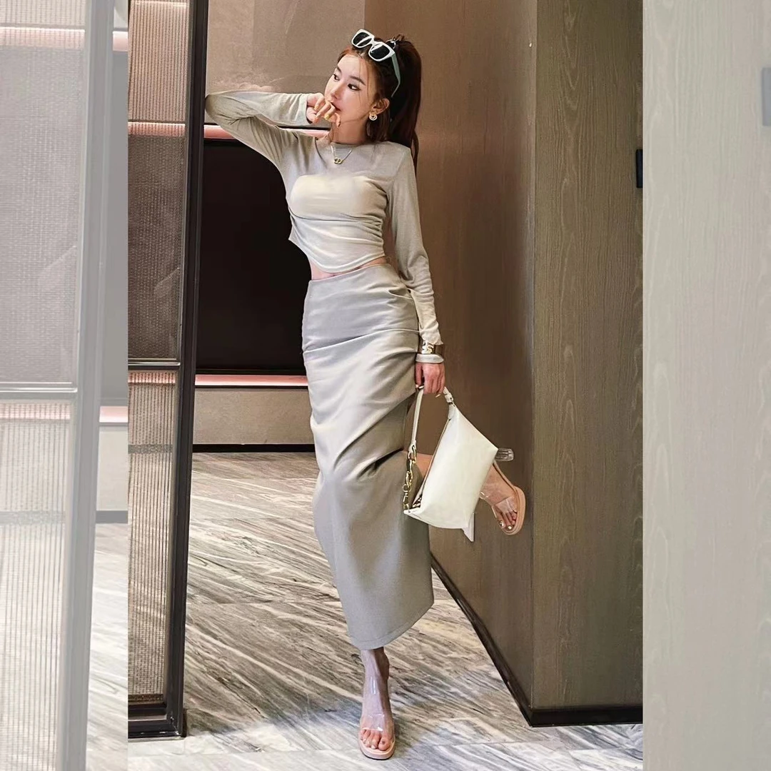 婉君【法式轻熟风】开叉中长款辣妹包臀高腰半身裙LWJ23A1Q454