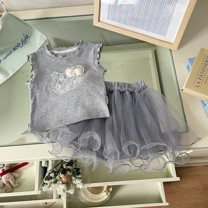 【现货】DZ25263儿童套装夏季2025洋气小童无袖背心纱裙两件套