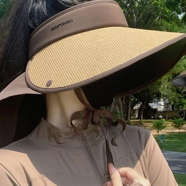 草编黑胶大帽檐防晒帽遮阳女护颈空顶遮脸骑车不翻防紫外线太阳帽
