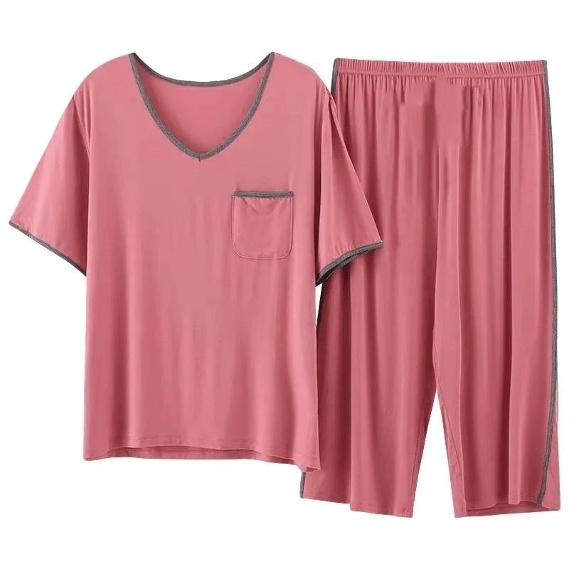 带胸垫夏季女士睡衣套头七分裤中青年薄款莫代尔棉吸汗透气家居服