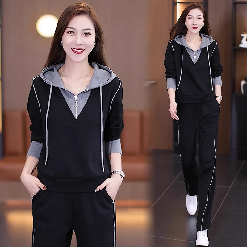 宽松休闲连帽卫衣直筒裤两件套女春秋新款洋气减龄运动服时尚套装