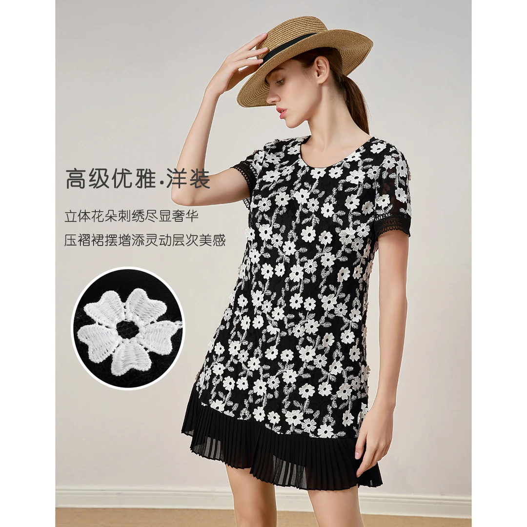 【高级感撞色立体绣花】JETEZO优雅拼接压褶气质连衣裙BC1EE120E1