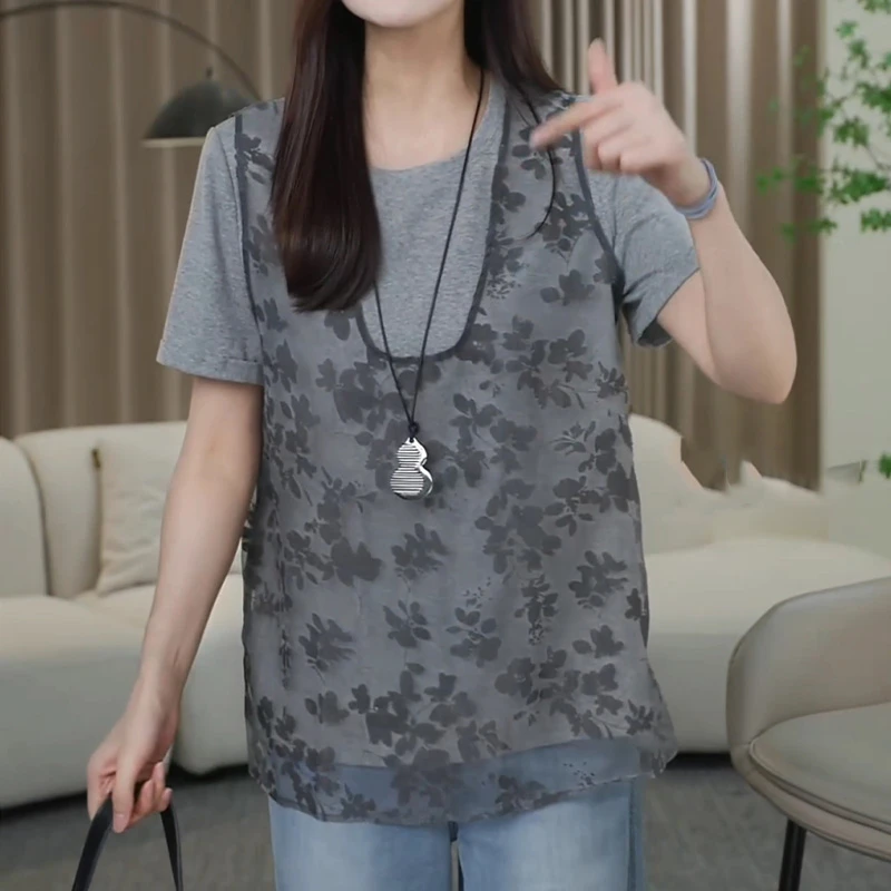 2025新款夏季女款短袖宽松显瘦遮肚子减龄洋气爆款假两件百搭T恤