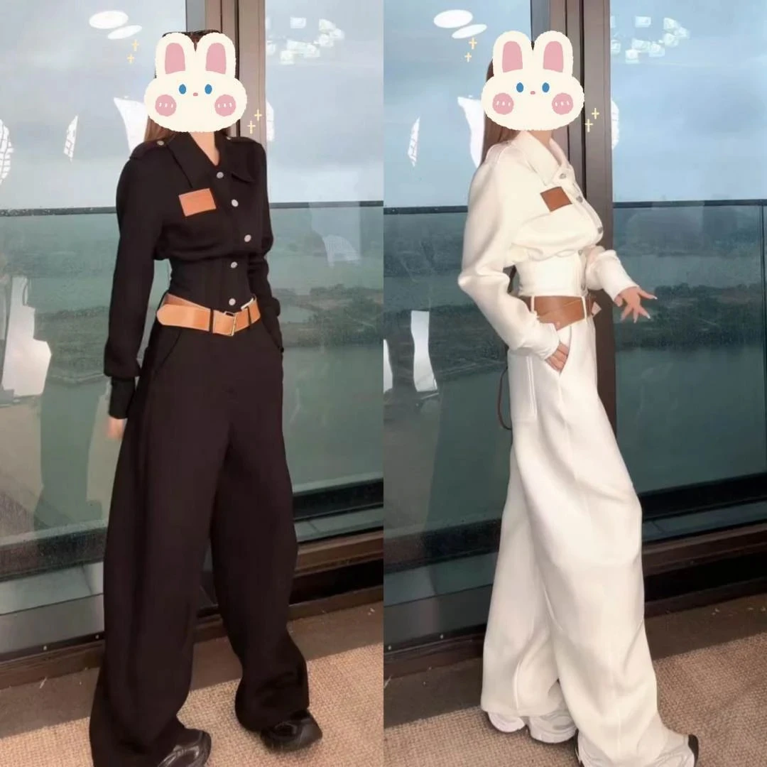 秋季收腰衬衫领长袖短外套休闲风时尚宽松拖地裤（送腰带）