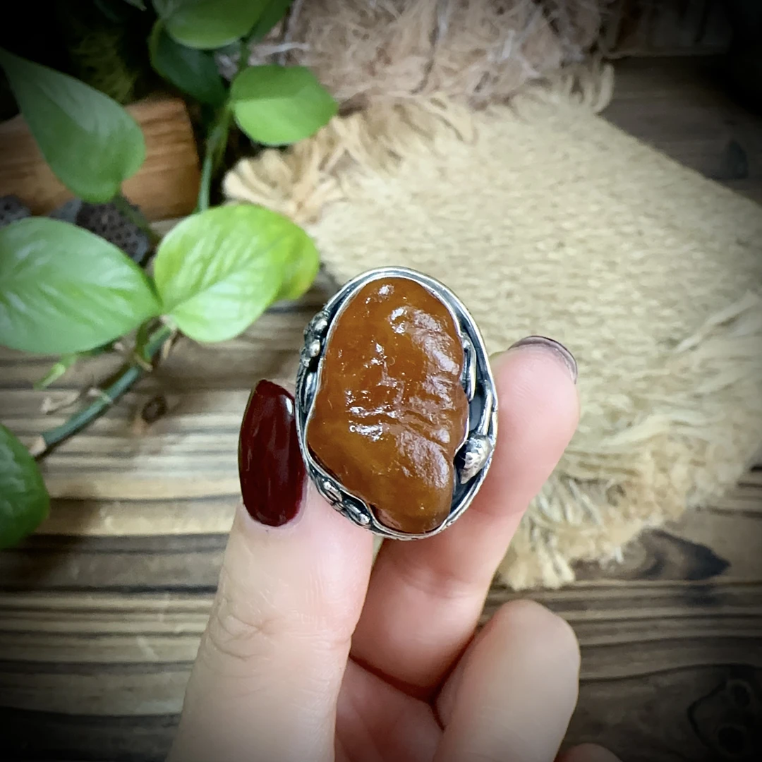 【古香古色】复古s925银蜜蜡琥珀戒指（开口可调节）
