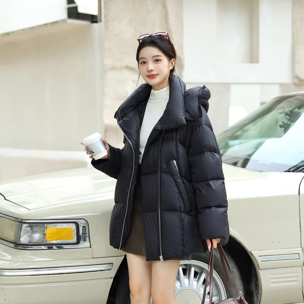 新款冬季连帽羽绒服女士保暖大翻领百搭外套韩版面包服241271