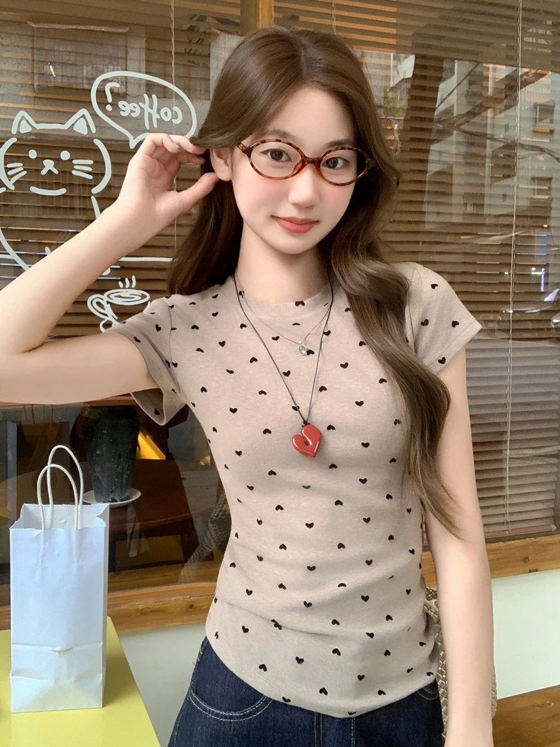 爱心波点短袖t恤女装夏季2025新款修身短款高级感欧货半袖小上衣