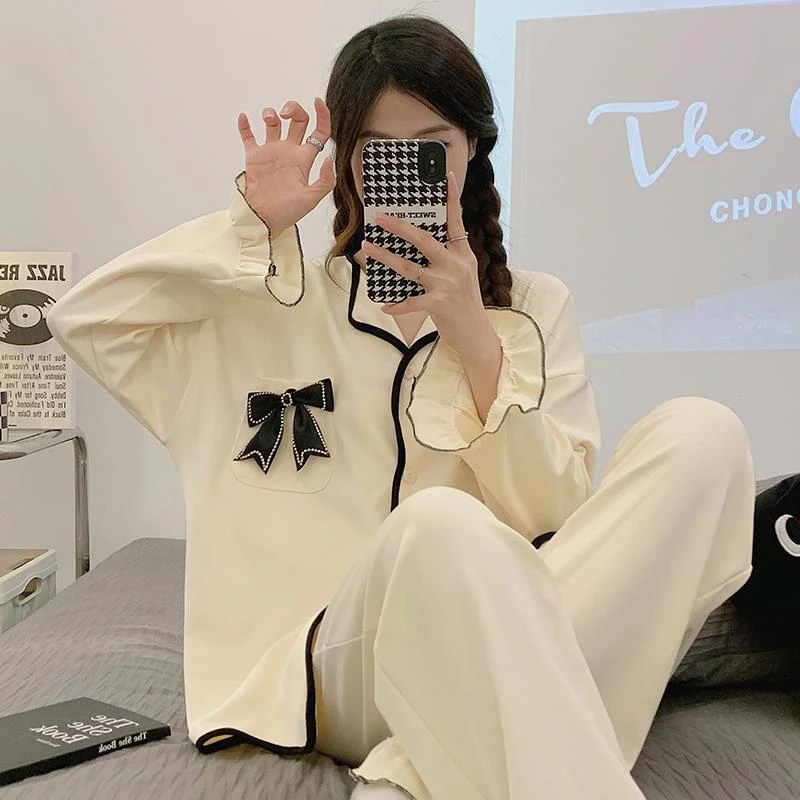 带胸垫睡衣女款春秋季棉长袖小香风2025年夏一体大尺码家居服秋冬