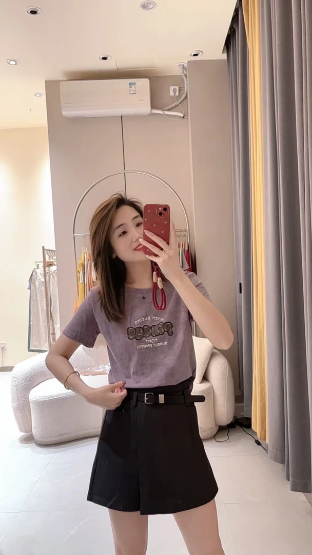 觅裳家 【扎染】68004高品质时尚百搭高弹螺纹扎染弯角圆领上衣