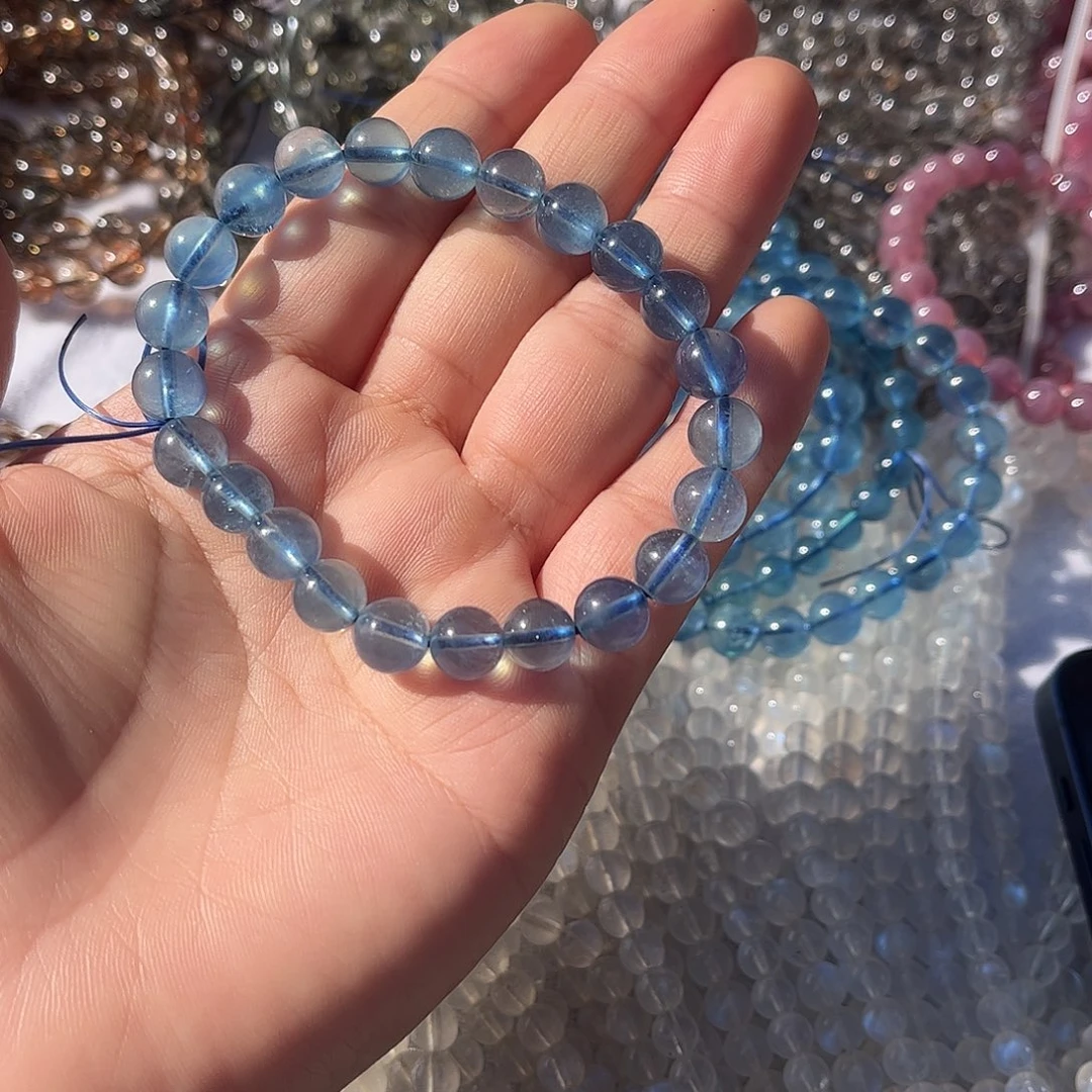 水晶珠宝半成品未镶嵌闲**步海蓝宝手链8毫米