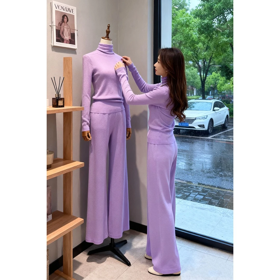 紫色减龄时尚运动套装女2025春秋季新款高领显瘦针织打底衫两件套