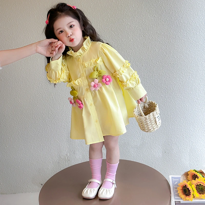 女小童花朵衬衣连衣裙春装新款小女孩韩版公主裙洋气花边长袖裙子