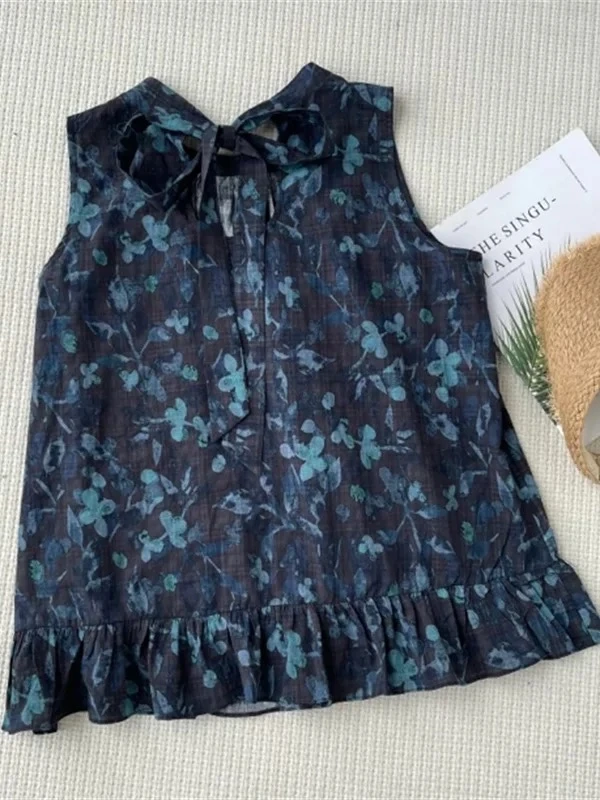 韩版圆领碎花绑带无袖系带衬衫女装时尚气质休闲印花女士夏季