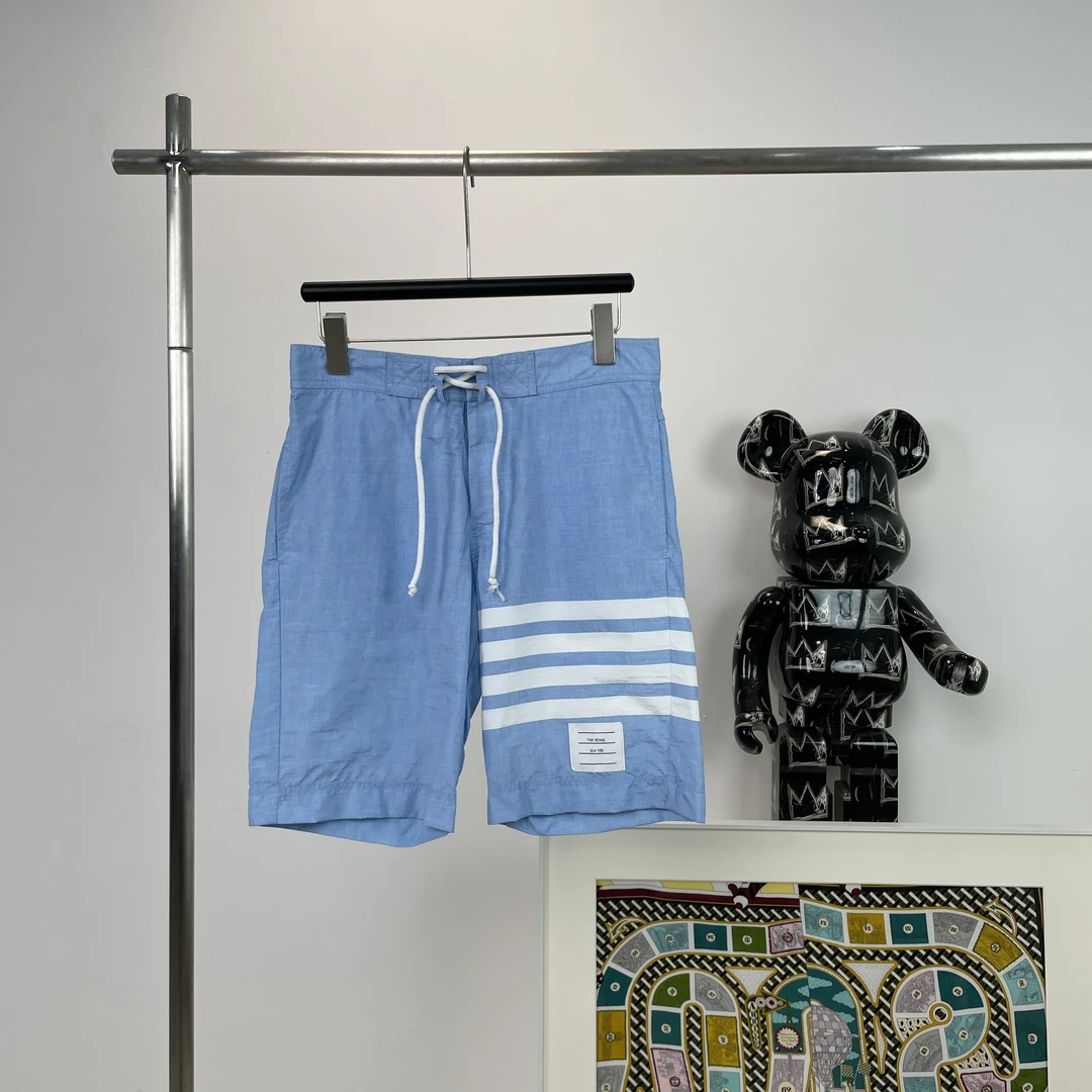 99新 THOMBROWNE 1403/蓝色Logo贴标经典四条纹五分中腰短裤/0码