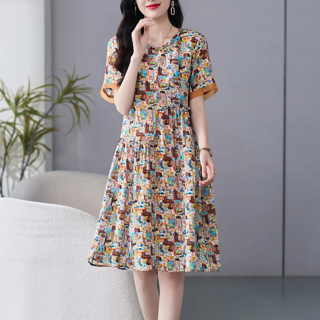 69551 咖色小碎花桑蚕丝真丝裙子女夏季新款连衣裙女小个子