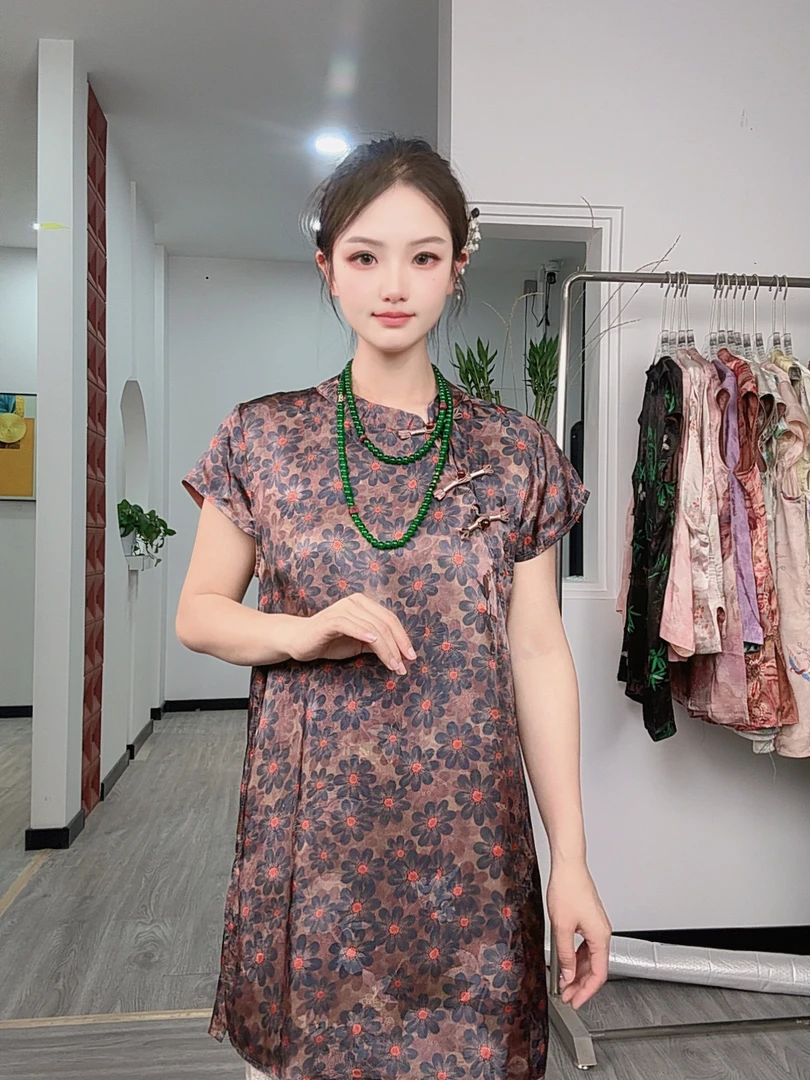 157夏季新款奥黛国风百搭宽松立领提花中长款短袖小衫