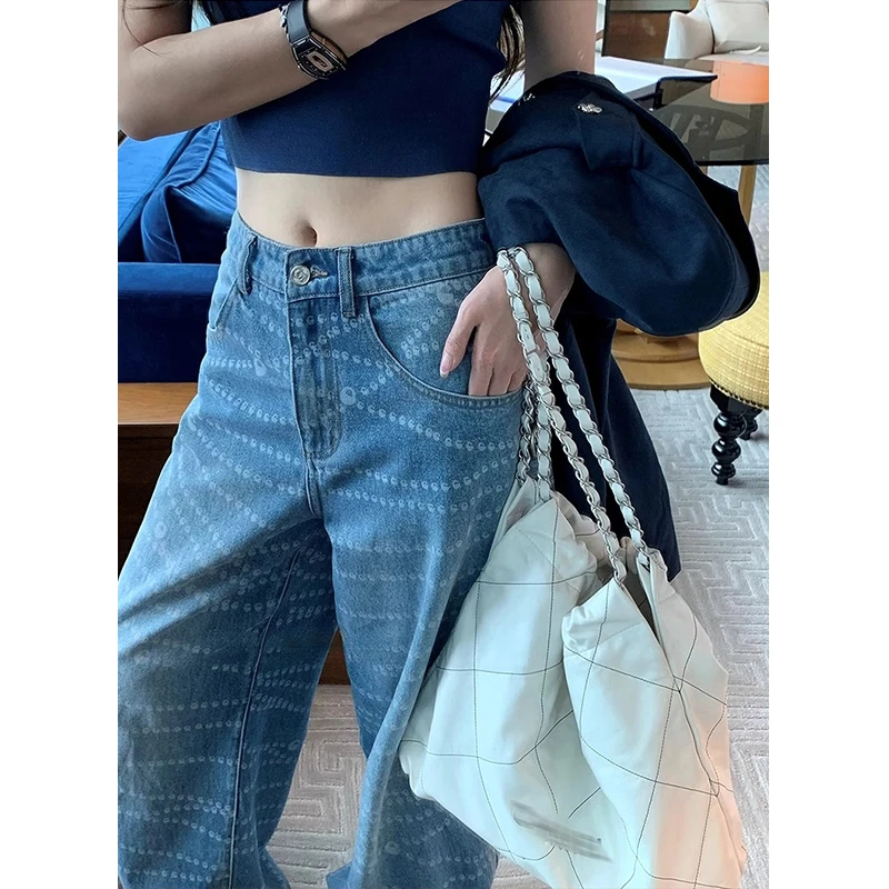【张稚昂studio】小香风激光烧花工艺波点链条印花牛仔裤高腰阔腿裤