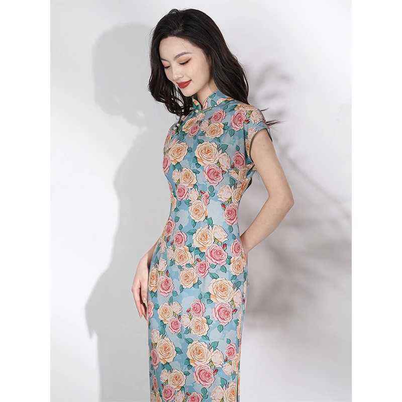 春夏新款复古民国风短袖旗袍绚丽玫瑰花日常修身半开襟长款连衣裙