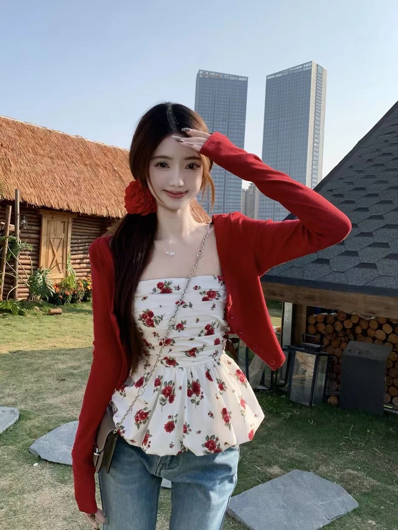 【张漂亮】2025春季新款新中式国风甜心复古纯欲碎花抹胸开衫+上衣