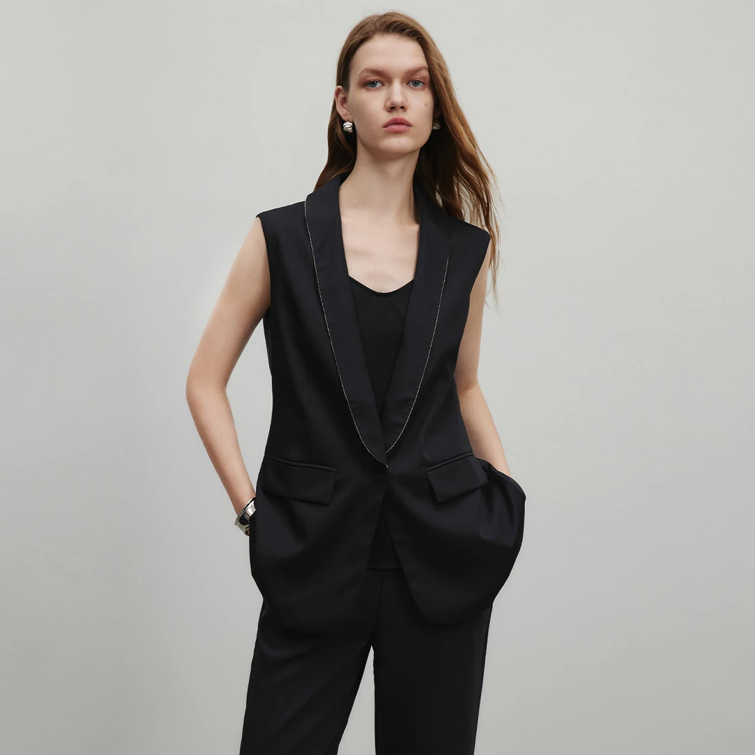 【粉丝专属】时尚翻领薄款气质系带叠穿通勤无袖上衣Y400075