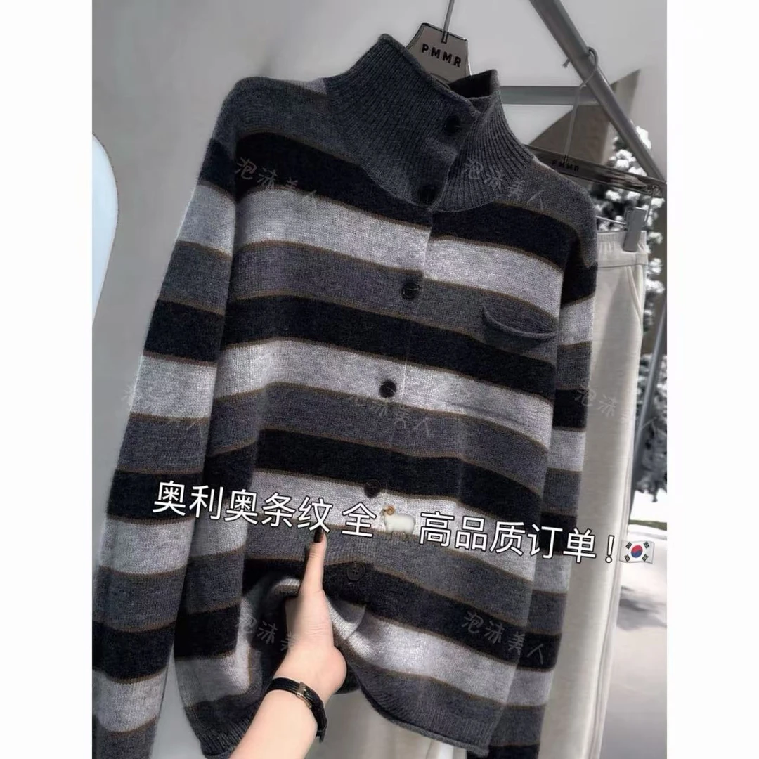 奥利奥条纹」100绵羊毛高品质立领冬季单排扣宽松针织毛衣女秋冬