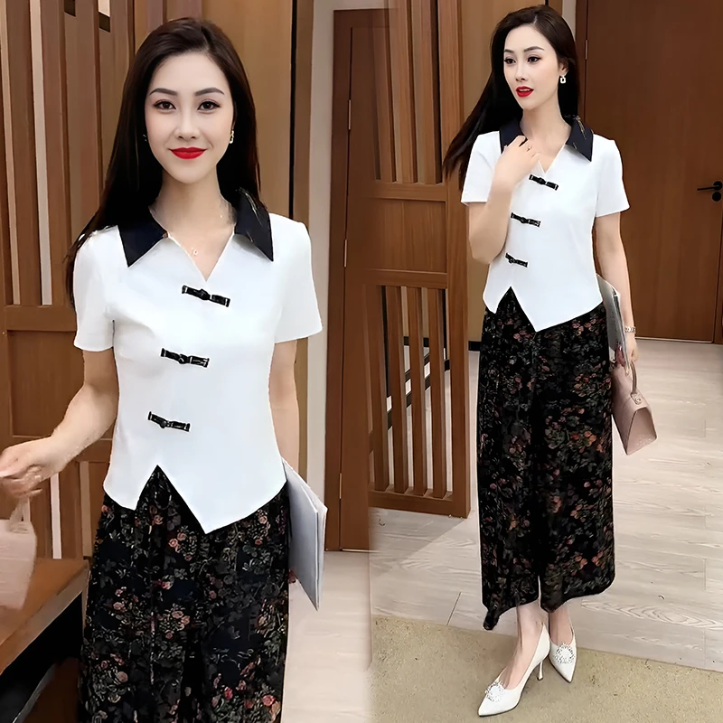 新款小个子时尚套装女2025夏季休闲中年妈妈短袖上衣阔腿裤两件套