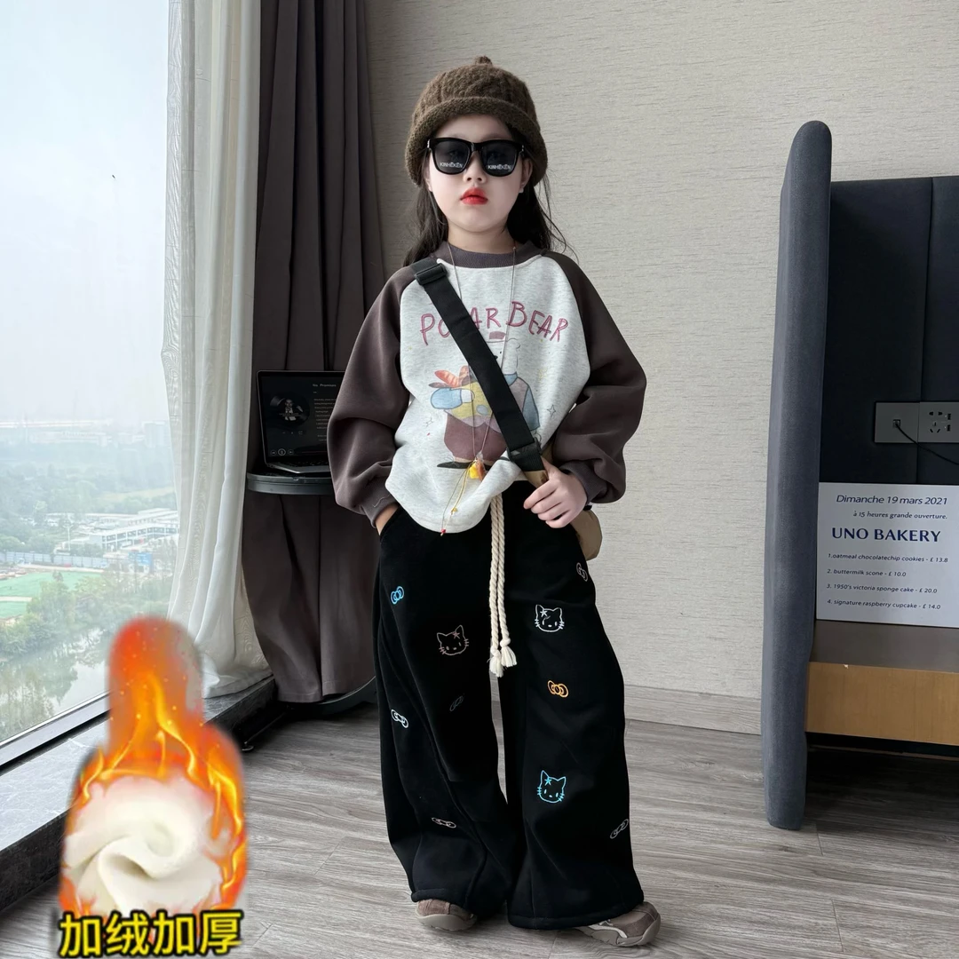 女童冬季韩版加绒加厚卫衣套装中大童休闲风绣花卫裤弯刀裤潮