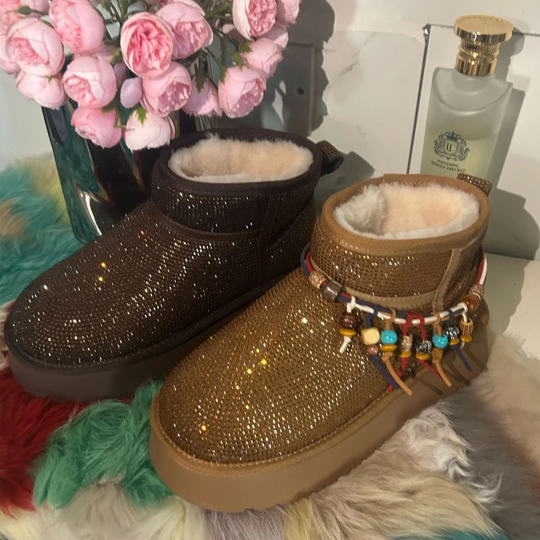 雪梨潮钻鞋25冬季+6cm新款复古金咖巧克力雪地靴保暖穿搭双11好物