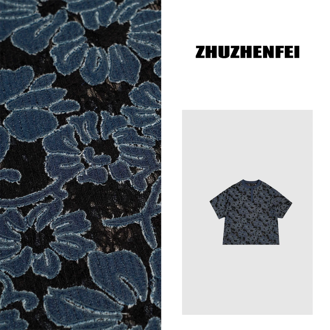 ZHUZHENFEI 立体花卉牛仔蓝圆领宽松时尚百搭艺术T恤Z352355
