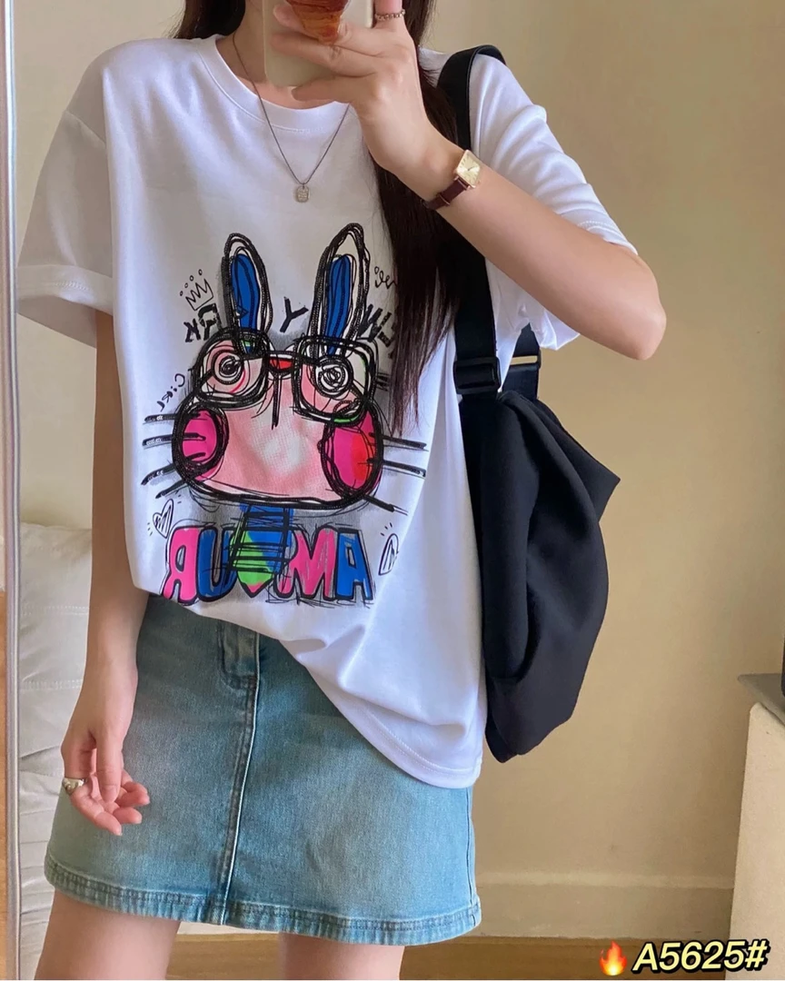 2025新款韩版时尚百搭休闲简约大气圆领卡通印花短袖上衣女