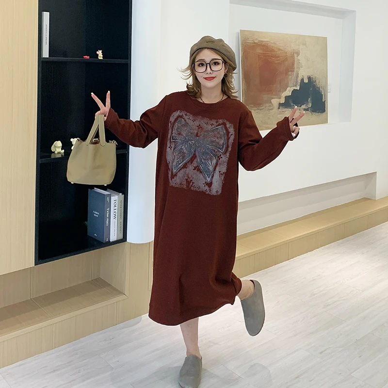 媛子大码【福蝶】蝴蝶印花连衣裙2025新款宽松时髦显瘦圆领休闲风