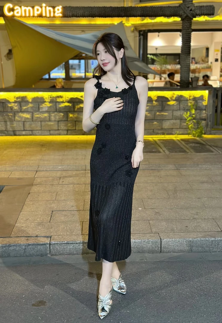 设计师品牌DV黑色钩花吊带裙D52S51ZY365L01