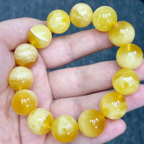 金白鸡油黄16➕蜜蜡圆珠手串聚宝盆
