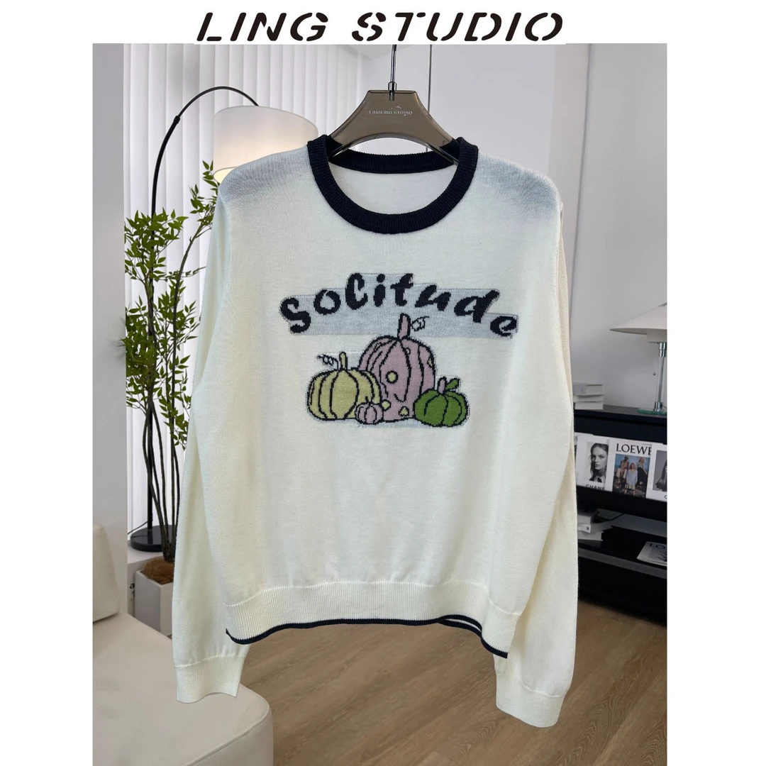 早春绵羊毛-零零『南瓜颂』2025时尚减龄图案拼接套头毛衣5021211