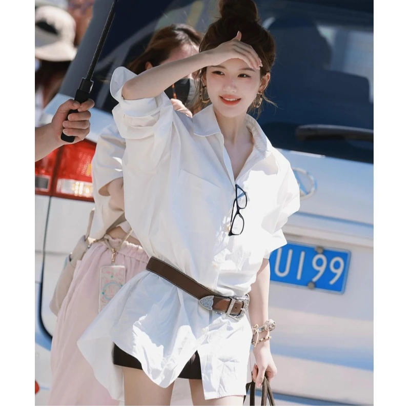 赵露思明星同款白色polo领衬衫连衣裙女高级时尚收腰气质腰带衬衣