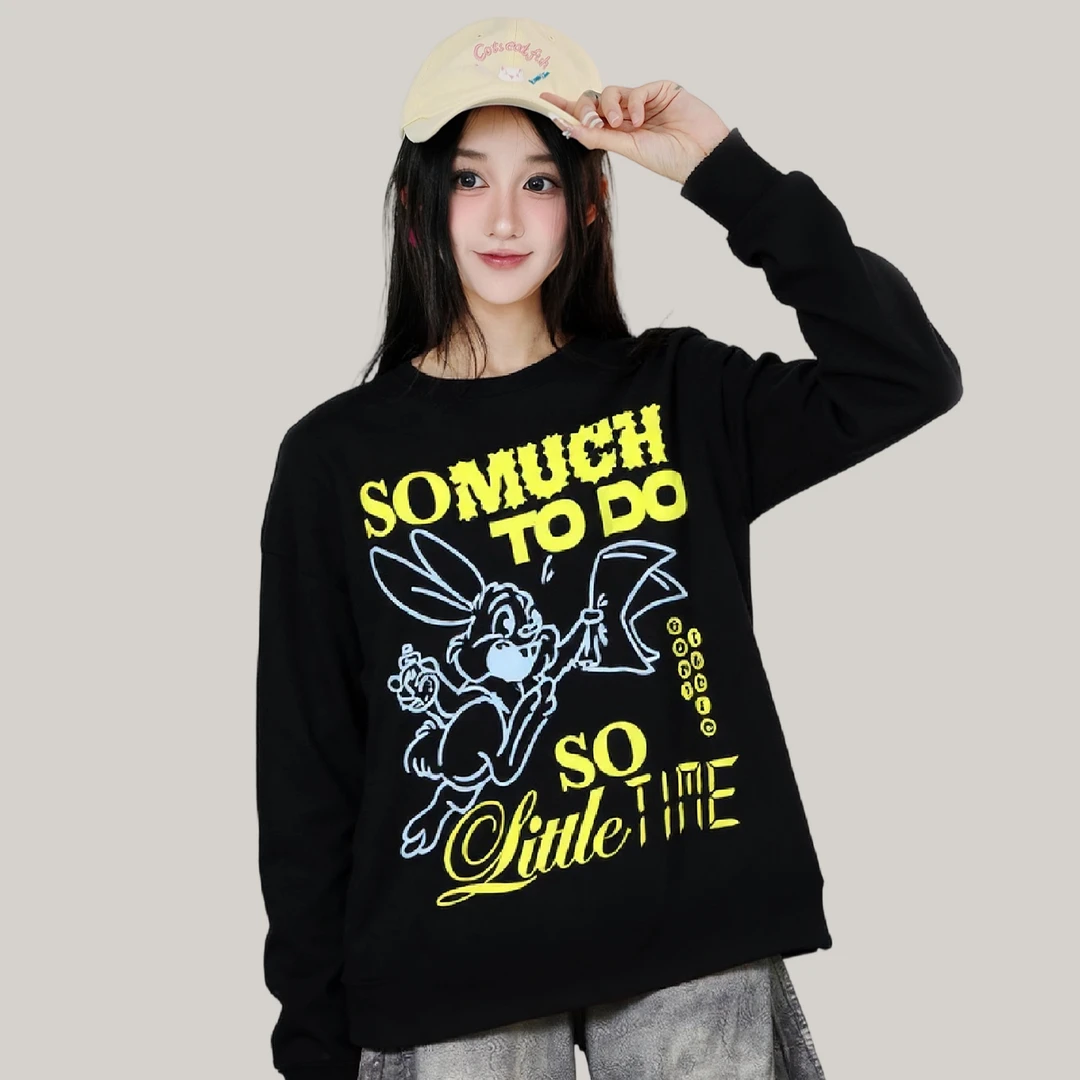 美式休闲复古趣味时间不够用的兔子印花初秋长袖T恤纯棉男女情侣