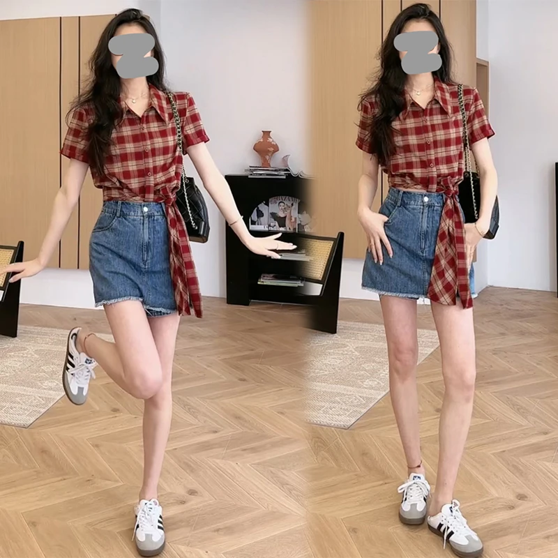 复古港风套装女2025夏季新绑带收腰格子短袖衬衫牛仔半身裙两件套