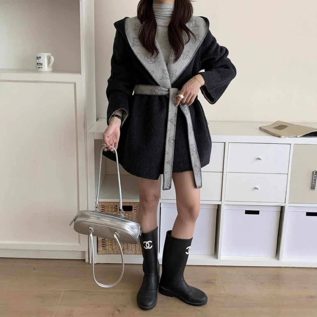 四叶草老花提花双面大衣女短款轻奢高端小个子羊毛呢现货黑色1