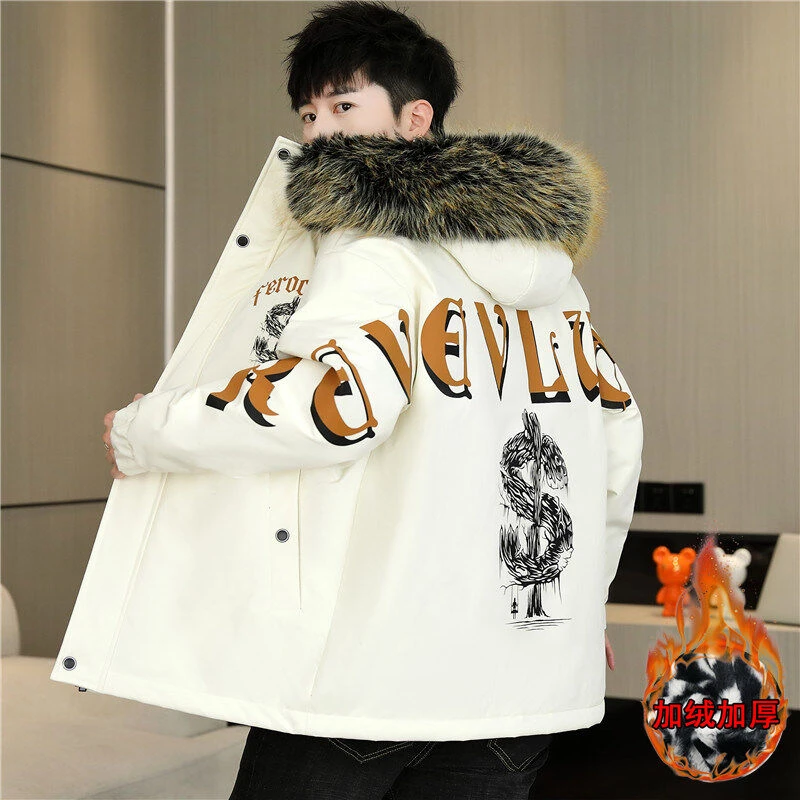 冬季保暖派克服男新款潮牌休闲加绒加厚棉服潮牌大毛领工装外套男