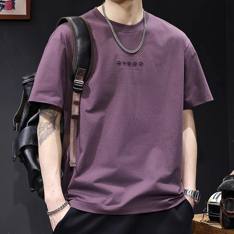 新款潮牌高端立体绣花短袖t恤男士2025夏季宽松大码简约百搭体恤