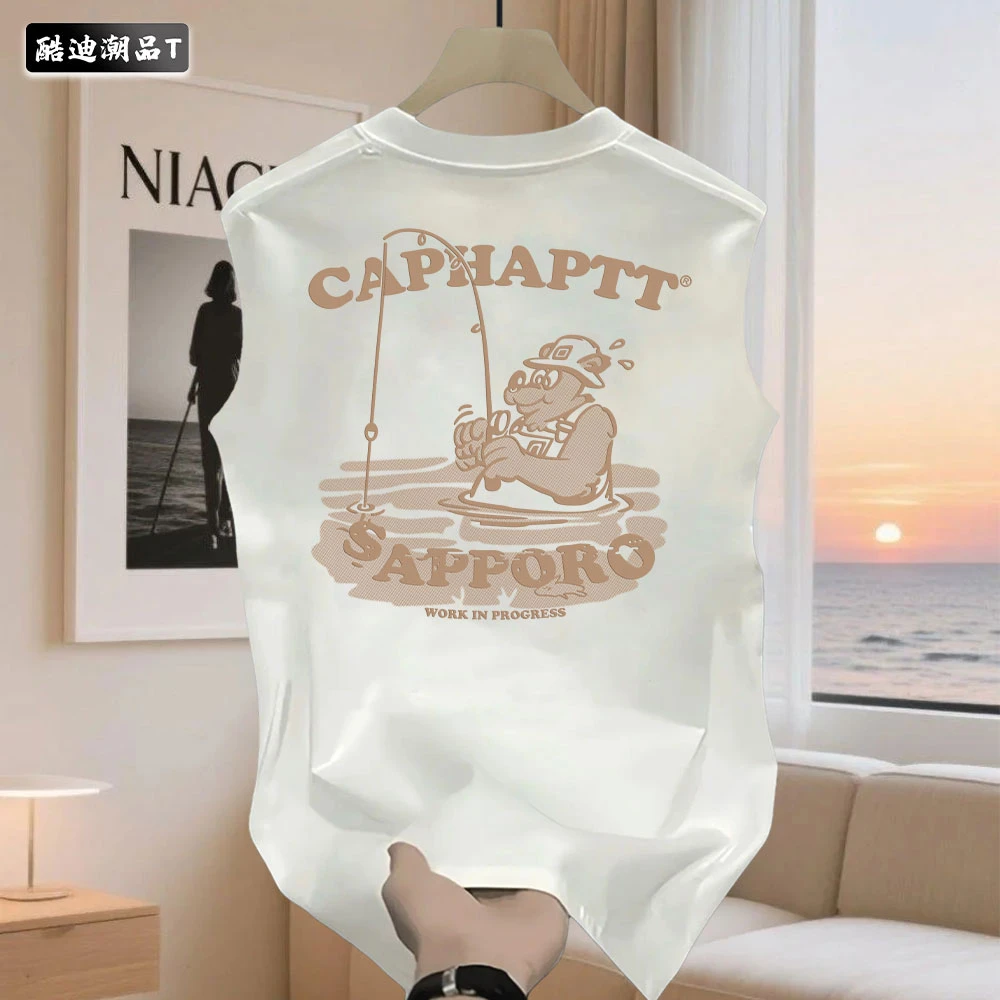 新款夏季港风简约个性宽松百搭男女ins街头风印花纯棉无袖背心T恤