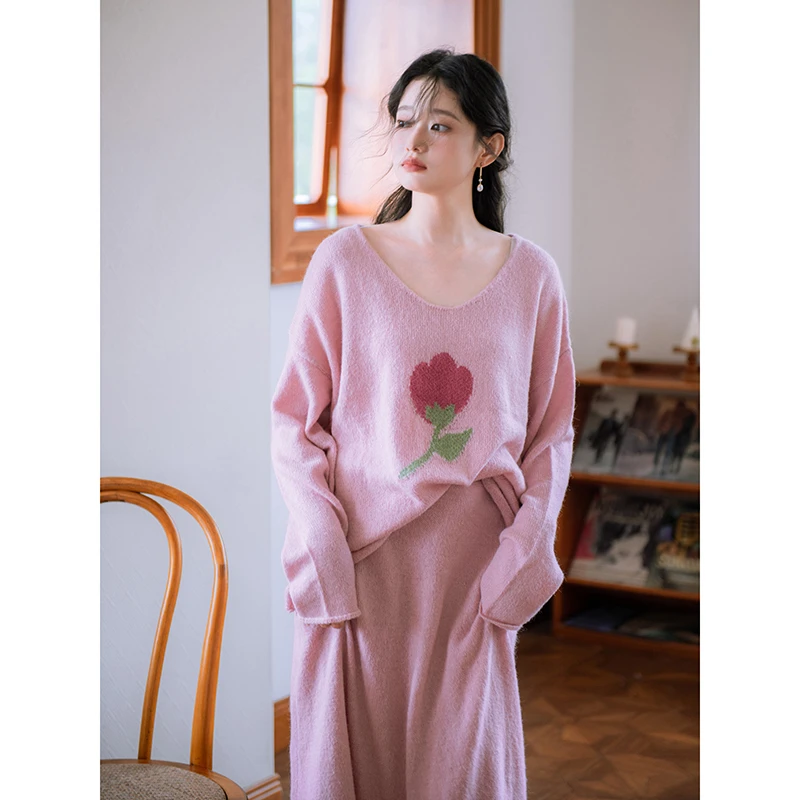 南风谷【安的花园】少女粉色郁金香上衣长袖毛衣高腰半身裙早秋套装