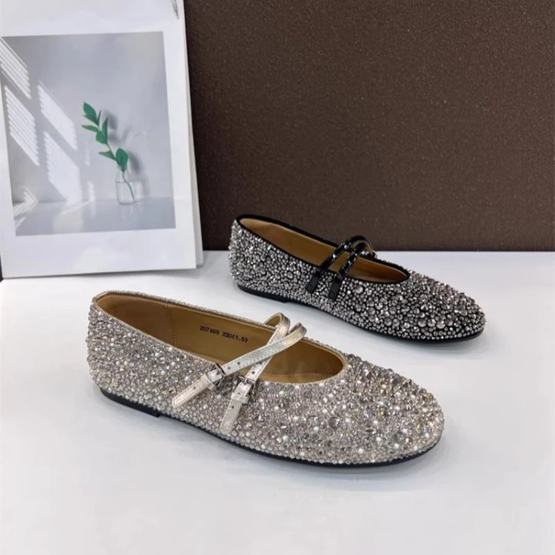 春季新款女鞋羊猄皮珍珠水钻圆头浅口一字带浅金色玛丽珍鞋潮