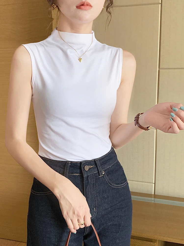白色莫代尔半高领坎肩吊带背心女内搭打底夏季外穿无袖t恤打底衣